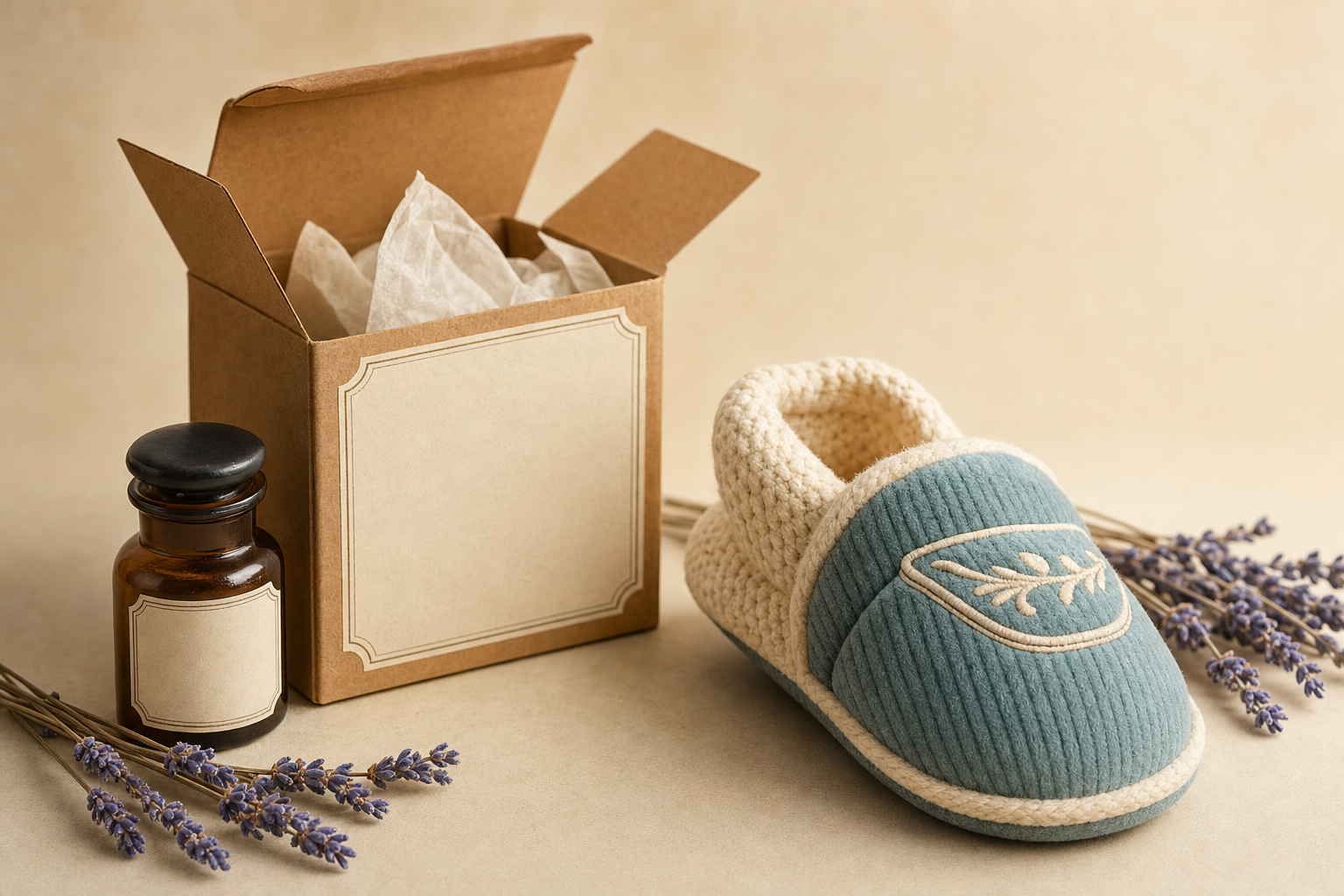A teal slipper chew toy beside a kraft apothecary box, amber jar, and dried lavender